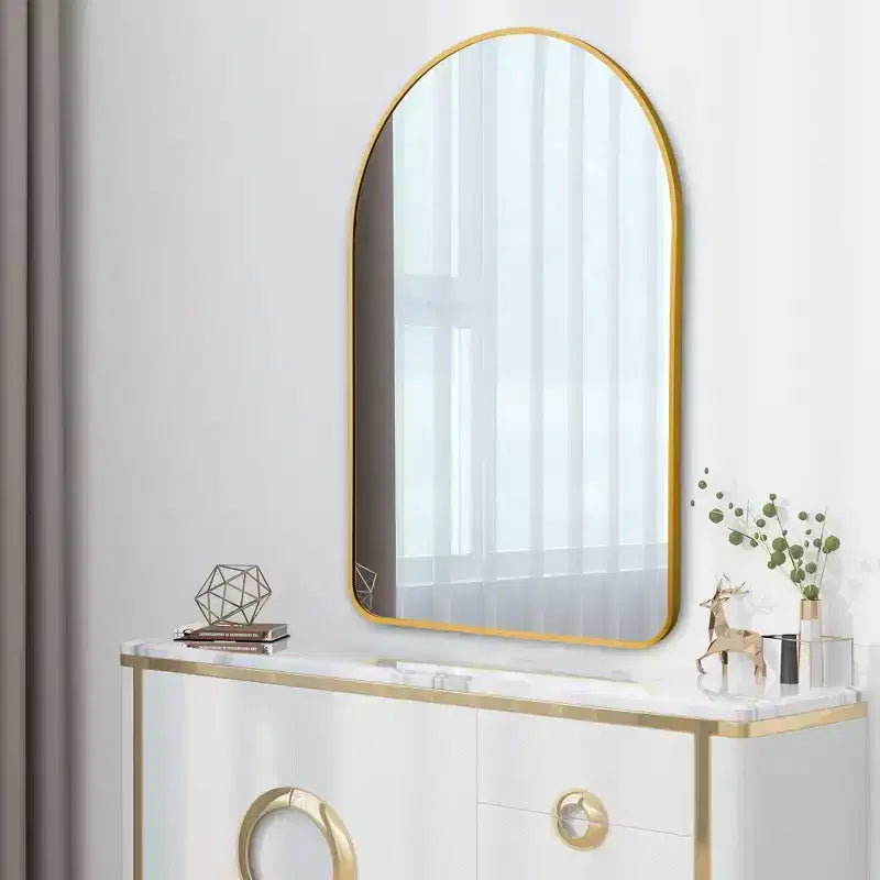 Miroir mural doré avec cadre en aluminium fin et arrondi, 35.83x24.02x1.57 pouces