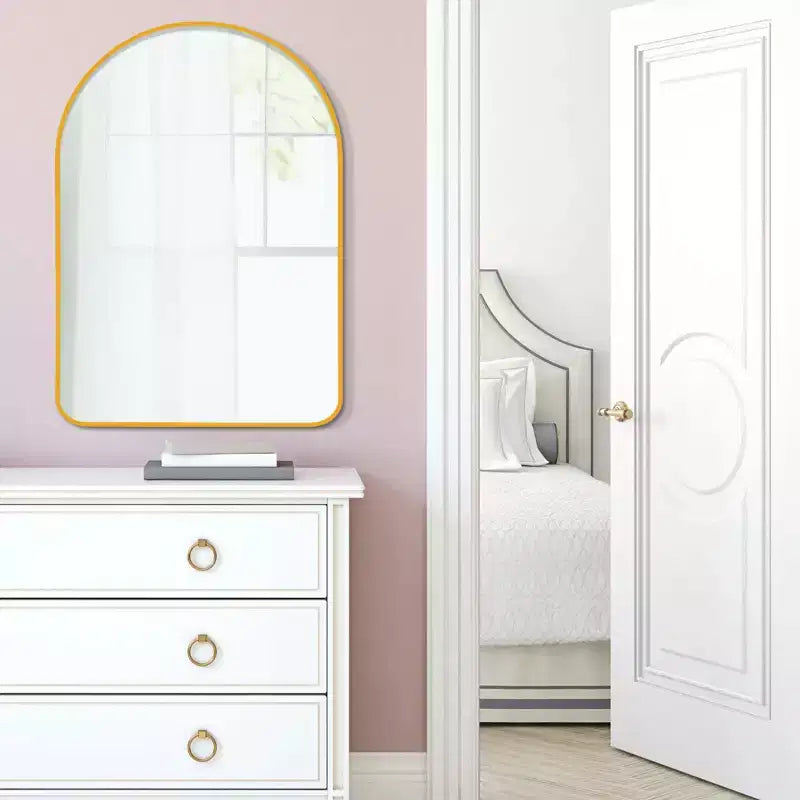 Miroir mural doré avec cadre en aluminium fin et arrondi, 35.83x24.02x1.57 pouces