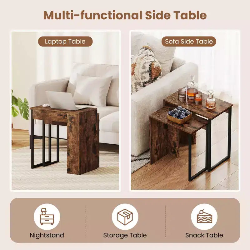 Lot de 2 tables basses gigognes 2-en-1 plateau aspect bois, table d'appoint pour canapé, marron rustique