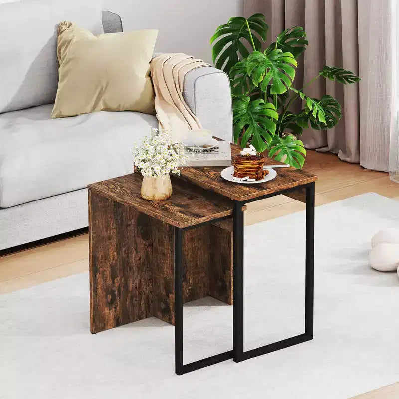 Lot de 2 tables basses gigognes 2-en-1 plateau aspect bois, table d'appoint pour canapé, marron rustique