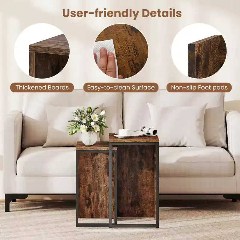 Lot de 2 tables basses gigognes 2-en-1 plateau aspect bois, table d'appoint pour canapé, marron rustique