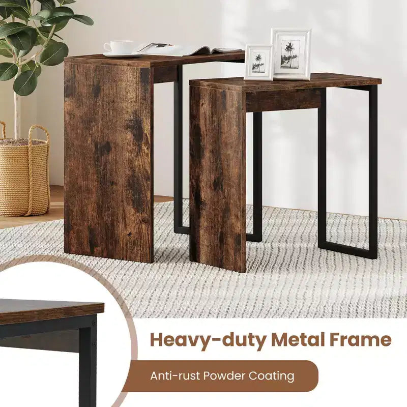 Lot de 2 tables basses gigognes 2-en-1 plateau aspect bois, table d'appoint pour canapé, marron rustique