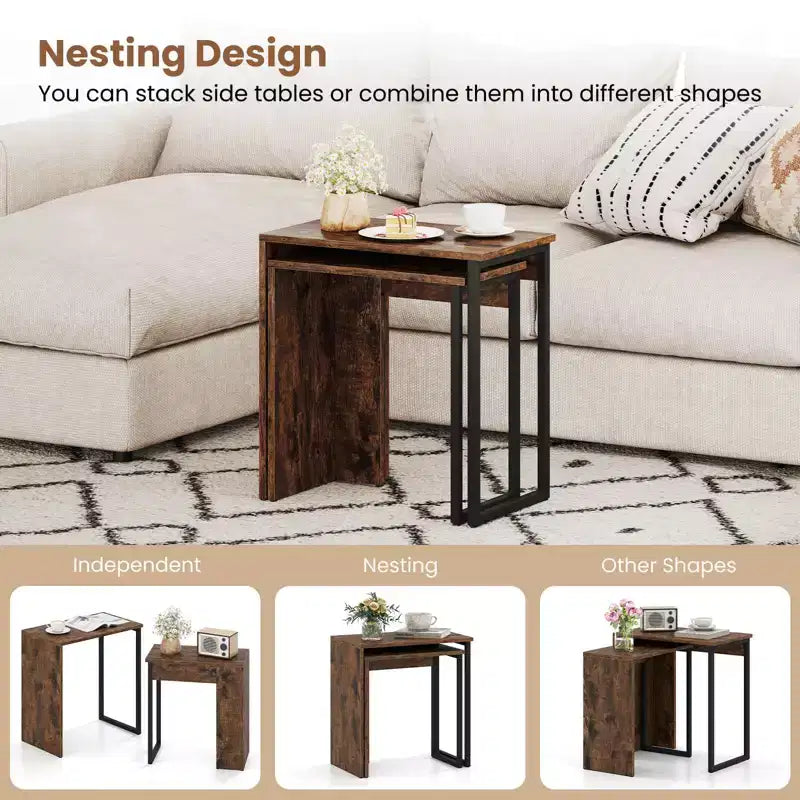 Lot de 2 tables basses gigognes 2-en-1 plateau aspect bois, table d'appoint pour canapé, marron rustique