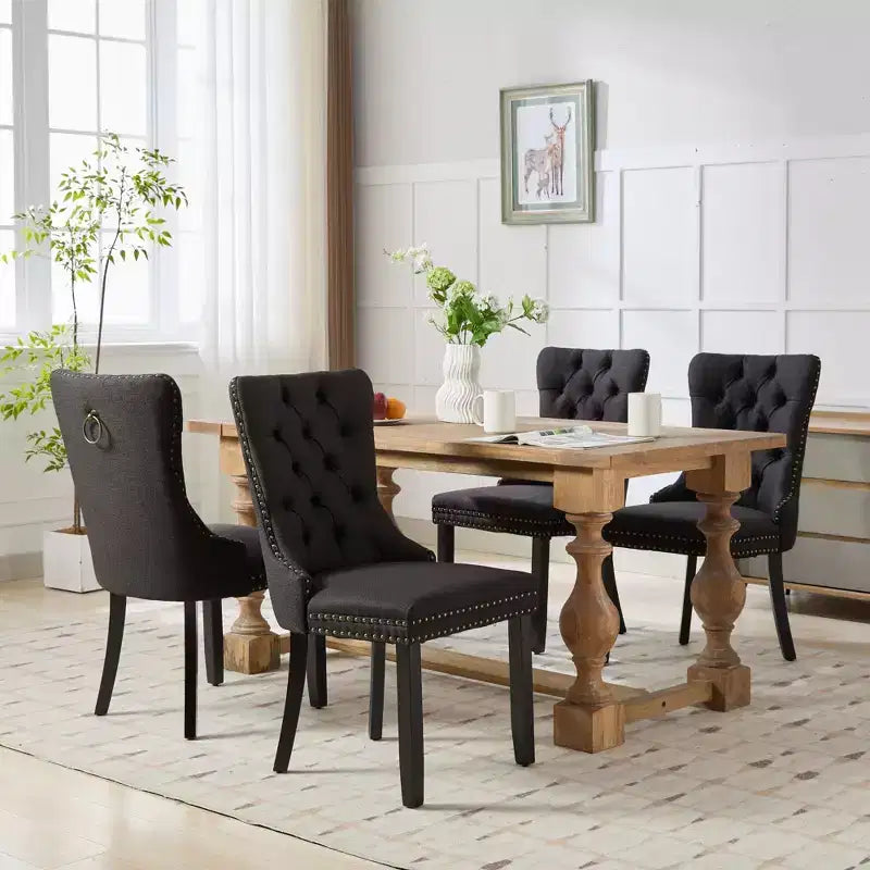 Lot de 2 chaises de salle à manger modernes en lin, chaises confortables en tissu touffetées haut de gamme, chaises d'appoint de cuisine avec pieds en bois massif et garniture cloutée