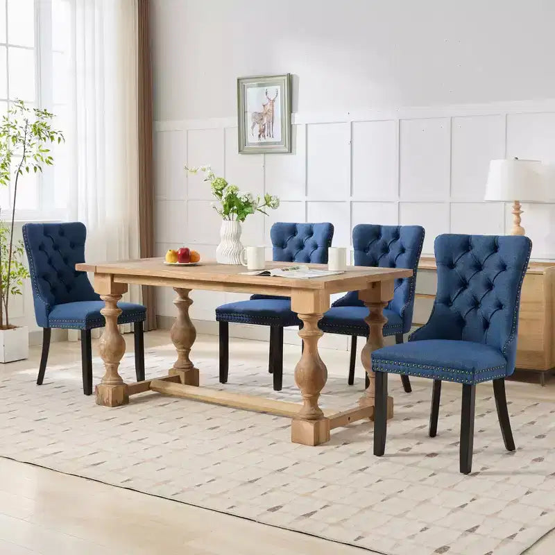 Lot de 2 chaises de salle à manger modernes en lin, chaises confortables en tissu touffetées haut de gamme, chaises d'appoint de cuisine avec pieds en bois massif et garniture cloutée