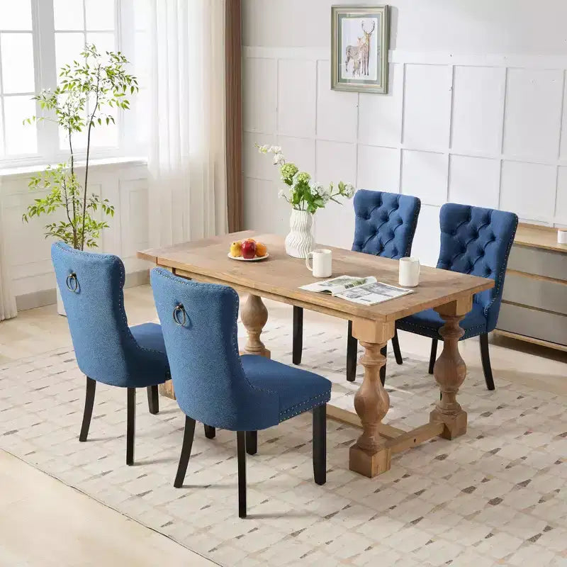 Lot de 2 chaises de salle à manger modernes en lin, chaises confortables en tissu touffetées haut de gamme, chaises d'appoint de cuisine avec pieds en bois massif et garniture cloutée