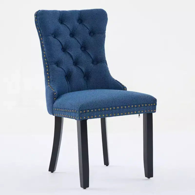Lot de 2 chaises de salle à manger modernes en lin, chaises confortables en tissu touffetées haut de gamme, chaises d'appoint de cuisine avec pieds en bois massif et garniture cloutée