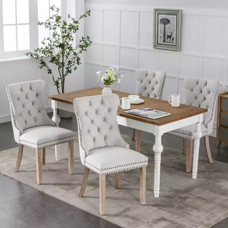 Lot de 2 chaises de salle à manger modernes en lin, chaises confortables en tissu touffetées haut de gamme, chaises d'appoint de cuisine avec pieds en bois massif et garniture cloutée