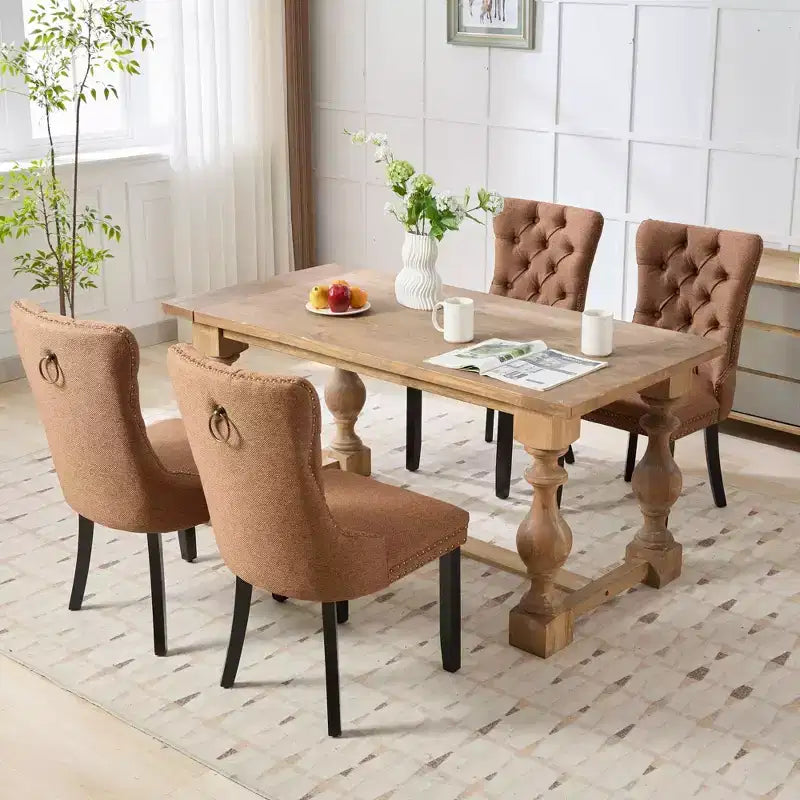 Lot de 2 chaises de salle à manger modernes en lin, chaises confortables en tissu touffetées haut de gamme, chaises d'appoint de cuisine avec pieds en bois massif et garniture cloutée