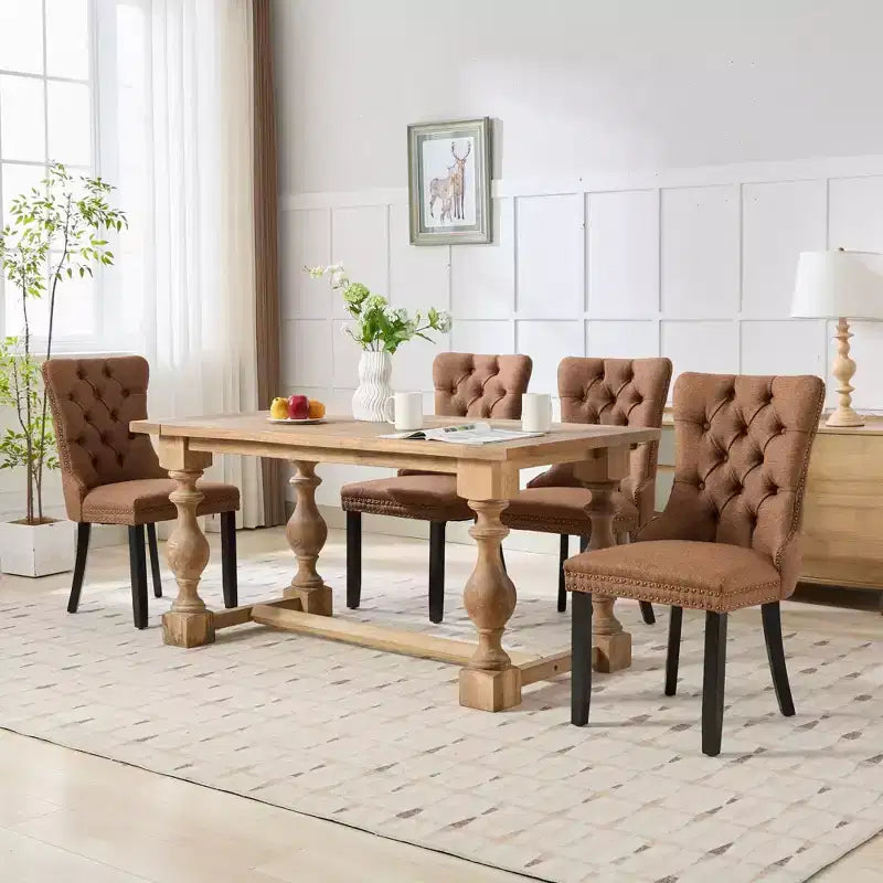 Lot de 2 chaises de salle à manger modernes en lin, chaises confortables en tissu touffetées haut de gamme, chaises d'appoint de cuisine avec pieds en bois massif et garniture cloutée