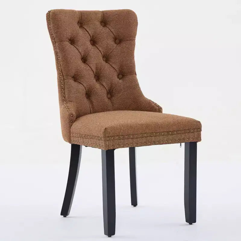 Lot de 2 chaises de salle à manger modernes en lin, chaises confortables en tissu touffetées haut de gamme, chaises d'appoint de cuisine avec pieds en bois massif et garniture cloutée