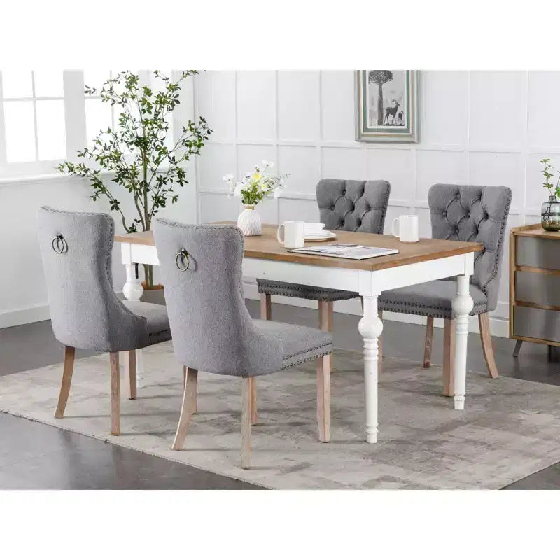 Lot de 2 chaises de salle à manger modernes en lin, chaises confortables en tissu touffetées haut de gamme, chaises d'appoint de cuisine avec pieds en bois massif et garniture cloutée