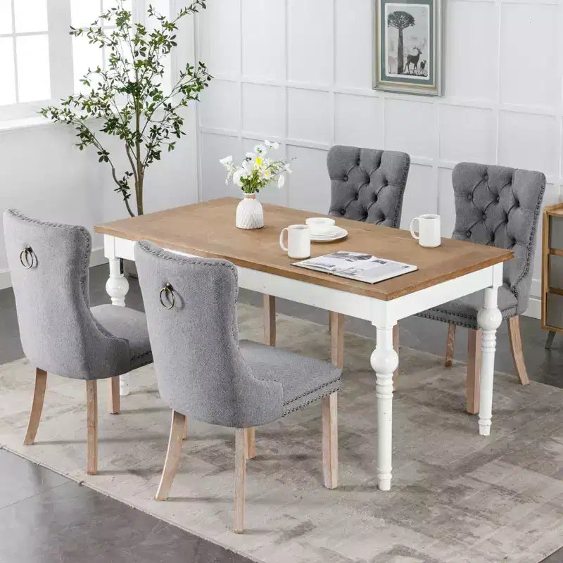 Lot de 2 chaises de salle à manger modernes en lin, chaises confortables en tissu touffetées haut de gamme, chaises d'appoint de cuisine avec pieds en bois massif et garniture cloutée