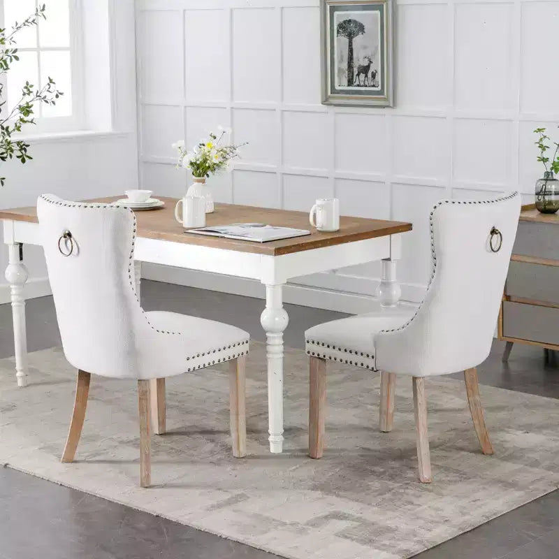 Lot de 2 chaises de salle à manger modernes en lin, chaises confortables en tissu touffetées haut de gamme, chaises d'appoint de cuisine avec pieds en bois massif et garniture cloutée