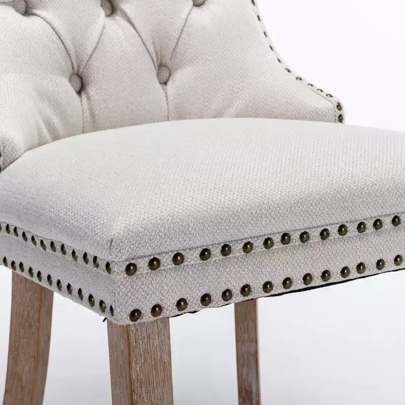 Lot de 2 chaises de salle à manger modernes en lin, chaises confortables en tissu touffetées haut de gamme, chaises d'appoint de cuisine avec pieds en bois massif et garniture cloutée