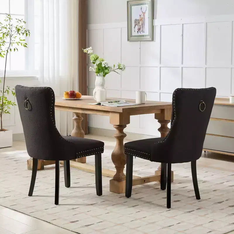 Lot de 2 chaises de salle à manger modernes en lin, chaises confortables en tissu touffetées haut de gamme, chaises d'appoint de cuisine avec pieds en bois massif et garniture cloutée