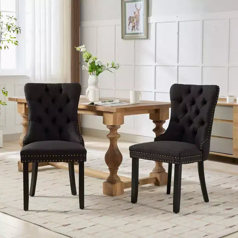 Lot de 2 chaises de salle à manger modernes en lin, chaises confortables en tissu touffetées haut de gamme, chaises d'appoint de cuisine avec pieds en bois massif et garniture cloutée