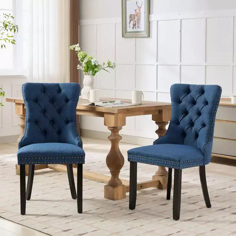 Lot de 2 chaises de salle à manger modernes en lin, chaises confortables en tissu touffetées haut de gamme, chaises d'appoint de cuisine avec pieds en bois massif et garniture cloutée