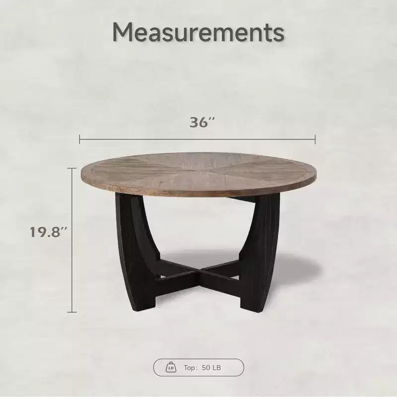 Table basse ronde rustique avec base entrecroisée pour salon, fabriquée en bois manufacturé massif et supportant jusqu'à 9,5 kg