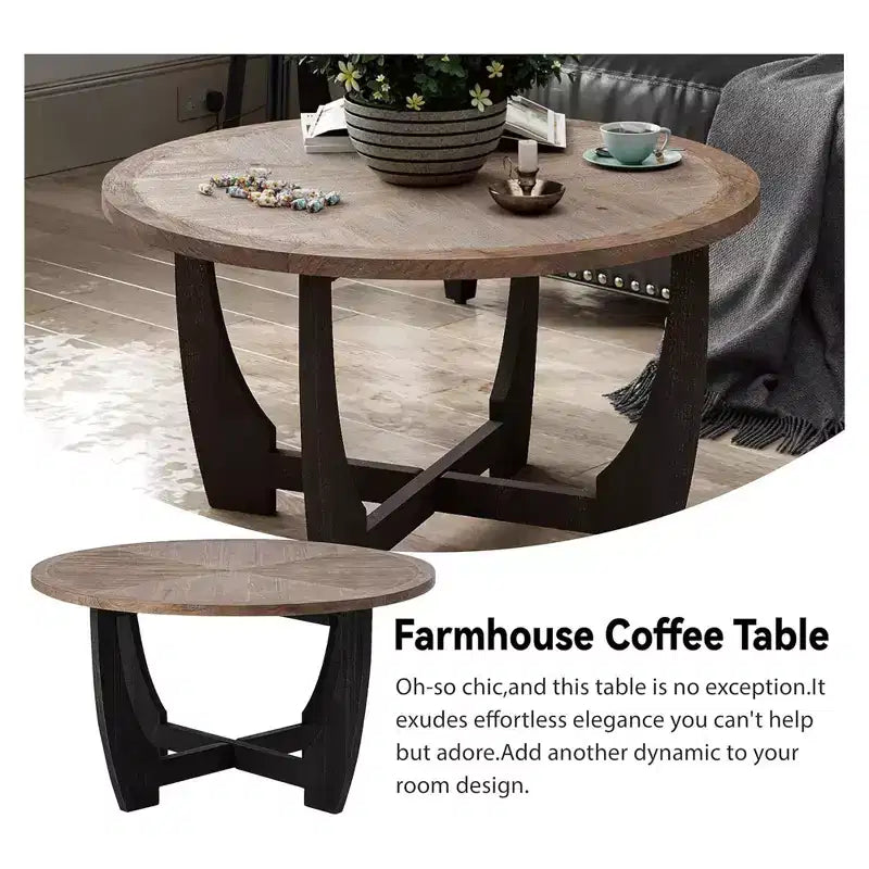 Table basse ronde rustique avec base entrecroisée pour salon, fabriquée en bois manufacturé massif et supportant jusqu'à 9,5 kg