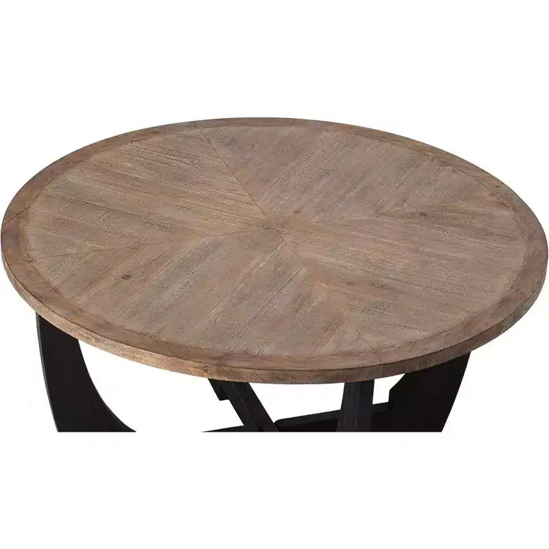 Table basse ronde rustique avec base entrecroisée pour salon, fabriquée en bois manufacturé massif et supportant jusqu'à 9,5 kg