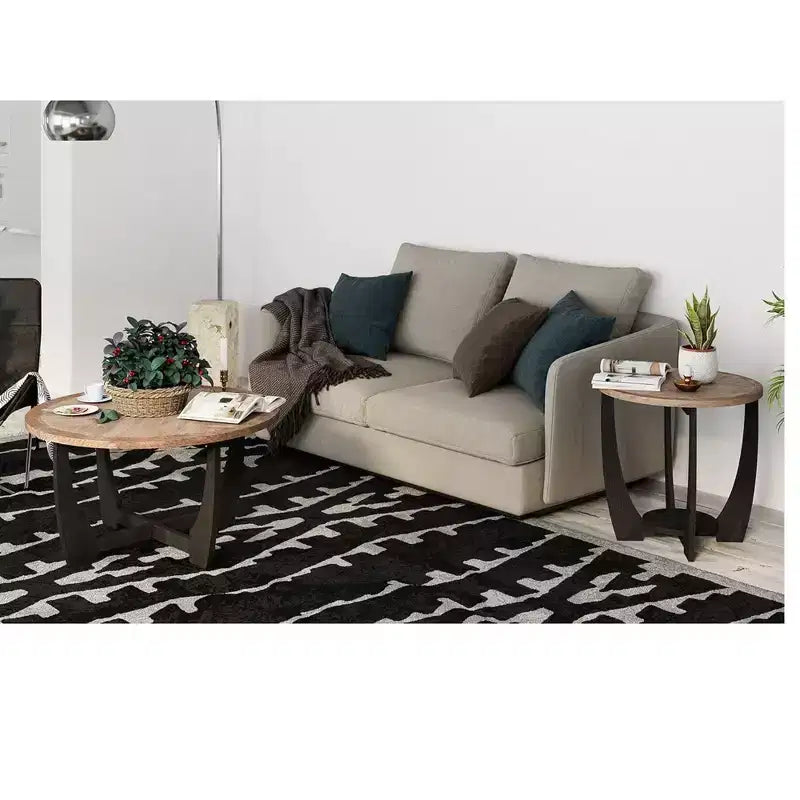 Table basse ronde rustique avec base entrecroisée pour salon, fabriquée en bois manufacturé massif et supportant jusqu'à 9,5 kg