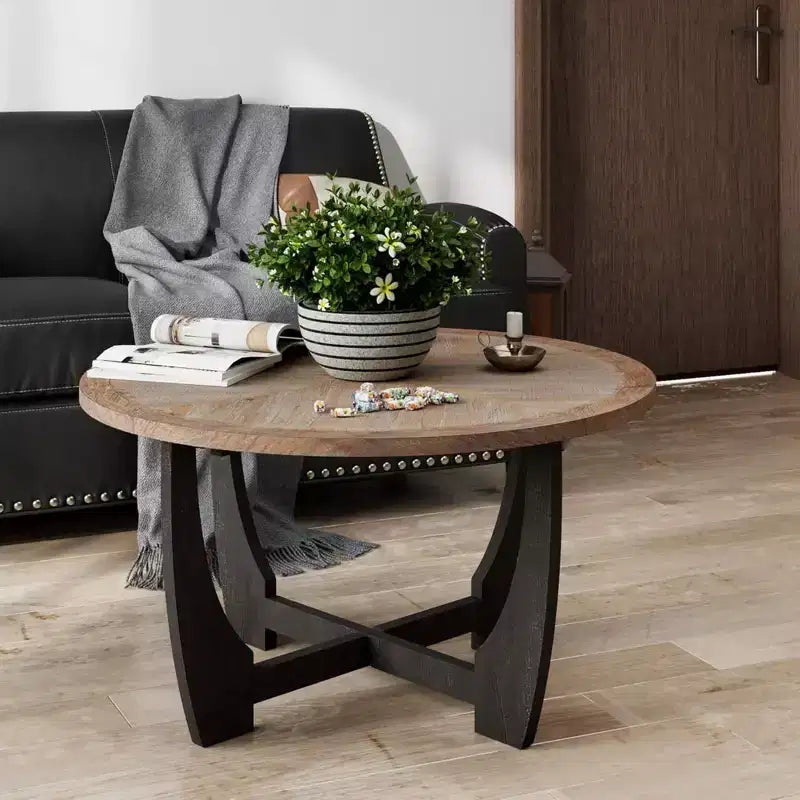 Table basse ronde rustique avec base entrecroisée pour salon, fabriquée en bois manufacturé massif et supportant jusqu'à 9,5 kg