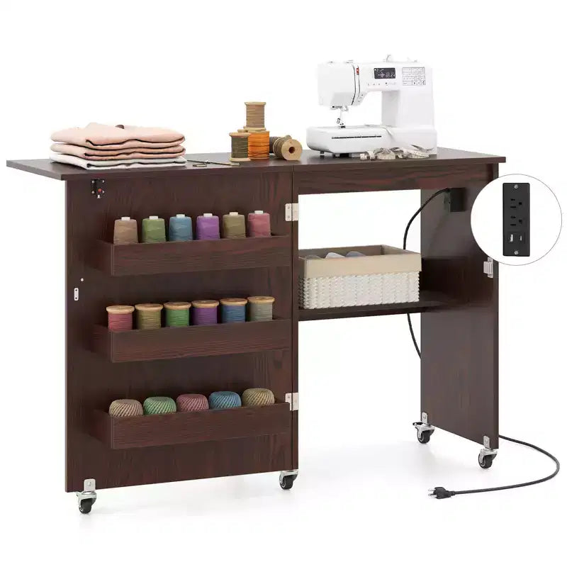 Table pliante pour machine à coudre, roulettes verrouillables, support avec 3 bacs de rangement et prises de courant, blanc/naturel/marron/blanc+naturel
