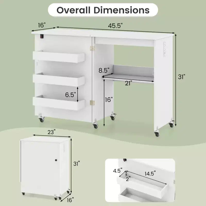 Table pliante pour machine à coudre, roulettes verrouillables, support avec 3 bacs de rangement et prises de courant, blanc/naturel/marron/blanc+naturel