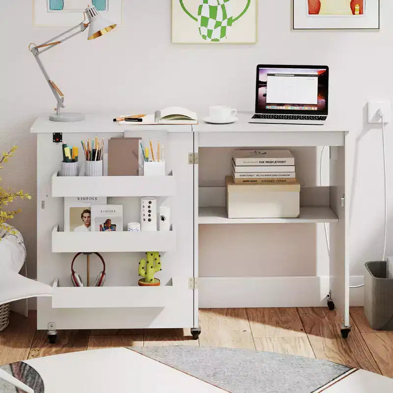 Table pliante pour machine à coudre, roulettes verrouillables, support avec 3 bacs de rangement et prises de courant, blanc/naturel/marron/blanc+naturel