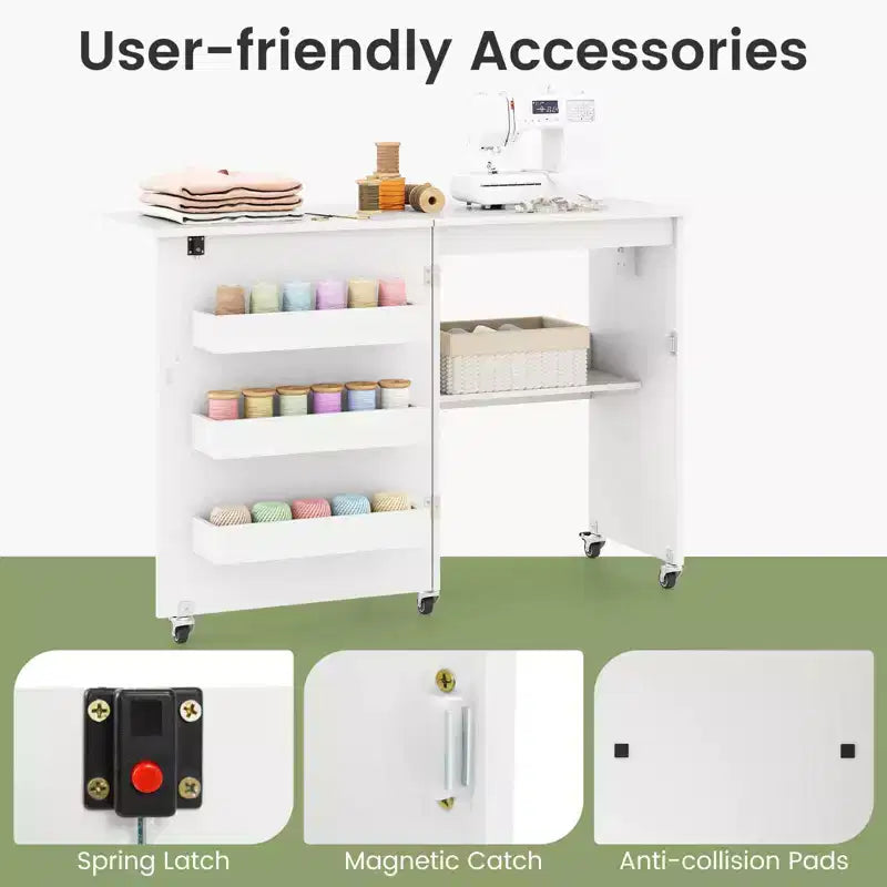 Table pliante pour machine à coudre, roulettes verrouillables, support avec 3 bacs de rangement et prises de courant, blanc/naturel/marron/blanc+naturel