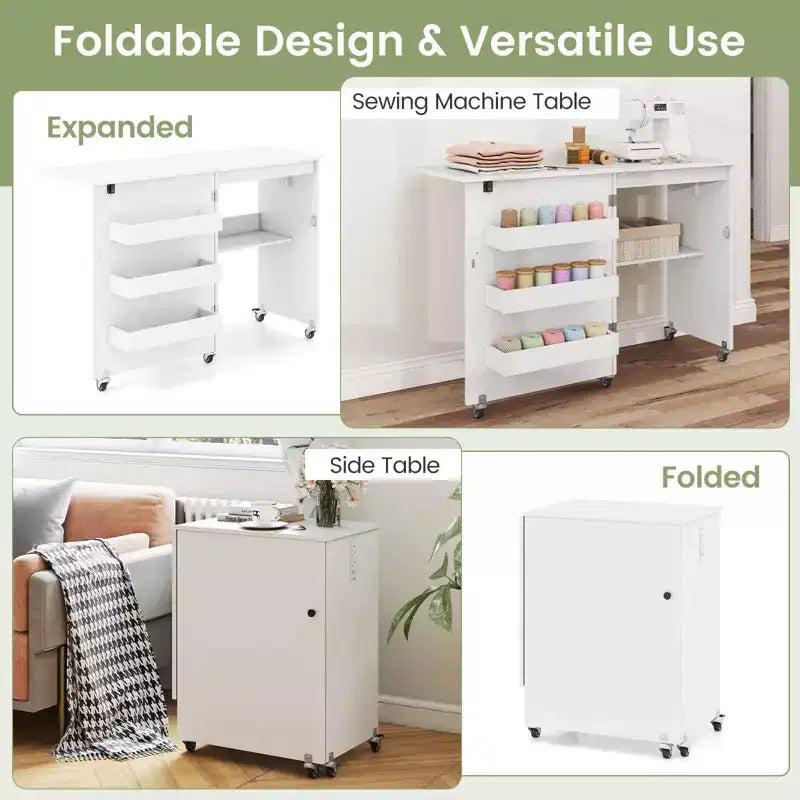 Table pliante pour machine à coudre, roulettes verrouillables, support avec 3 bacs de rangement et prises de courant, blanc/naturel/marron/blanc+naturel