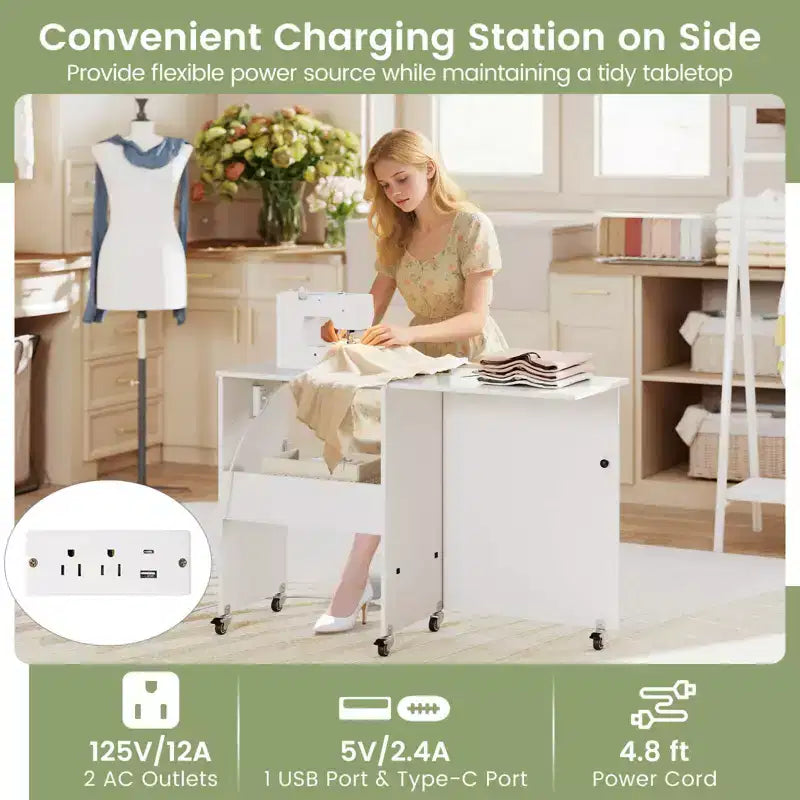Table pliante pour machine à coudre, roulettes verrouillables, support avec 3 bacs de rangement et prises de courant, blanc/naturel/marron/blanc+naturel
