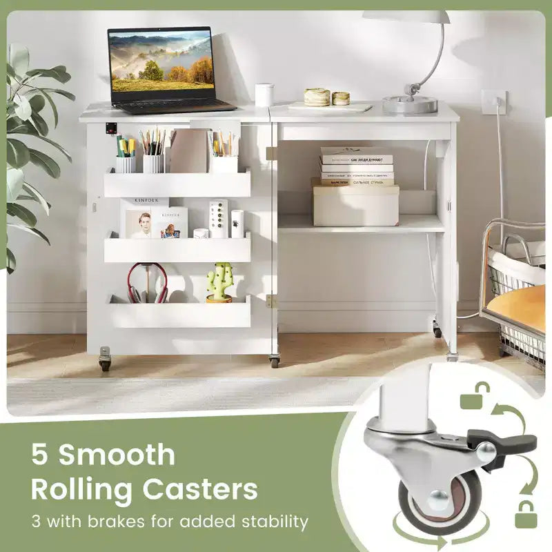 Table pliante pour machine à coudre, roulettes verrouillables, support avec 3 bacs de rangement et prises de courant, blanc/naturel/marron/blanc+naturel