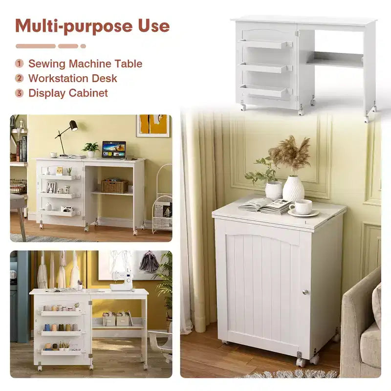 Table pliante pour machine à coudre, roulettes verrouillables, support avec 3 bacs de rangement et prises de courant, blanc/naturel/marron/blanc+naturel