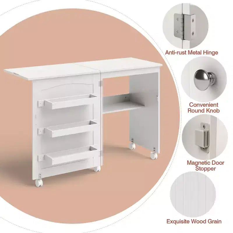 Table pliante pour machine à coudre, roulettes verrouillables, support avec 3 bacs de rangement et prises de courant, blanc/naturel/marron/blanc+naturel