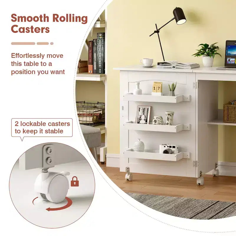 Table pliante pour machine à coudre, roulettes verrouillables, support avec 3 bacs de rangement et prises de courant, blanc/naturel/marron/blanc+naturel
