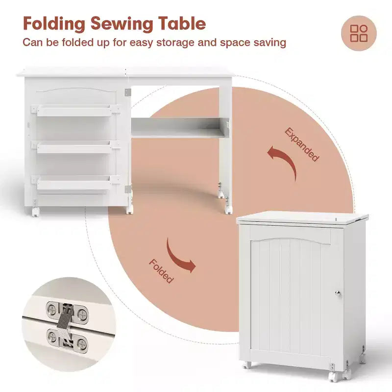 Table pliante pour machine à coudre, roulettes verrouillables, support avec 3 bacs de rangement et prises de courant, blanc/naturel/marron/blanc+naturel