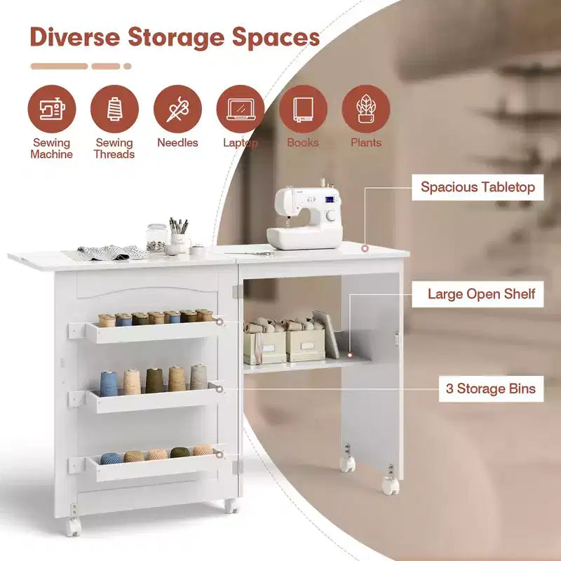 Table pliante pour machine à coudre, roulettes verrouillables, support avec 3 bacs de rangement et prises de courant, blanc/naturel/marron/blanc+naturel