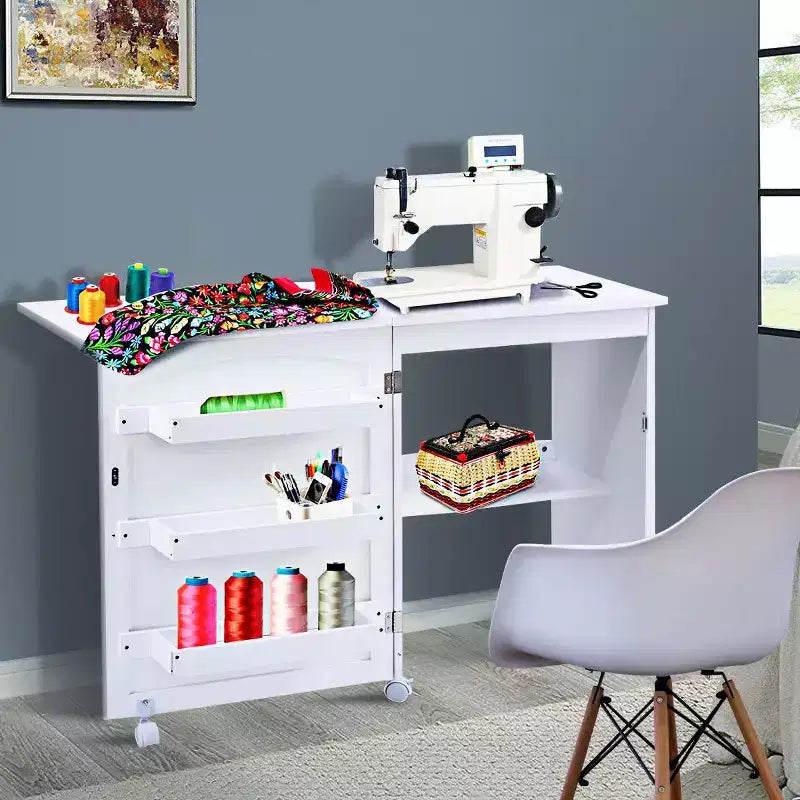 Table pliante pour machine à coudre, roulettes verrouillables, support avec 3 bacs de rangement et prises de courant, blanc/naturel/marron/blanc+naturel