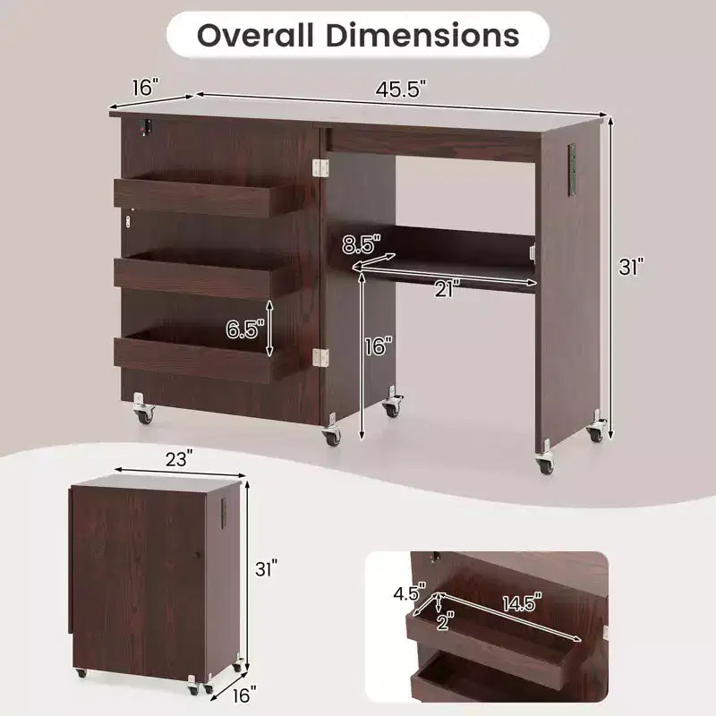 Table pliante pour machine à coudre, roulettes verrouillables, support avec 3 bacs de rangement et prises de courant, blanc/naturel/marron/blanc+naturel