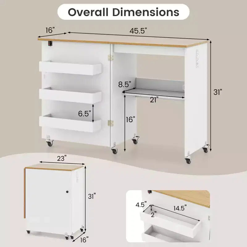 Table pliante pour machine à coudre, roulettes verrouillables, support avec 3 bacs de rangement et prises de courant, blanc/naturel/marron/blanc+naturel