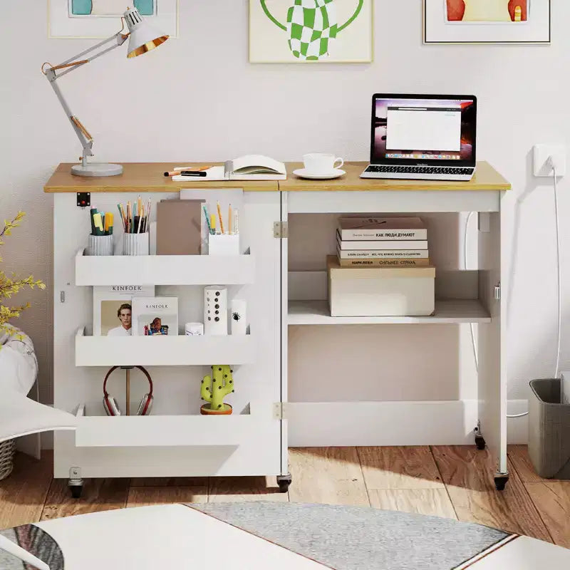 Table pliante pour machine à coudre, roulettes verrouillables, support avec 3 bacs de rangement et prises de courant, blanc/naturel/marron/blanc+naturel