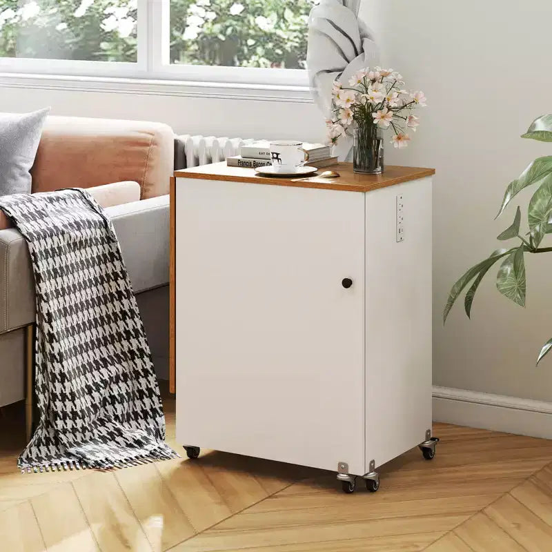 Table pliante pour machine à coudre, roulettes verrouillables, support avec 3 bacs de rangement et prises de courant, blanc/naturel/marron/blanc+naturel