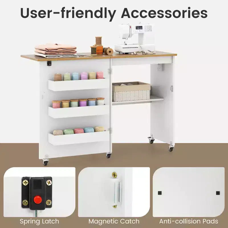 Table pliante pour machine à coudre, roulettes verrouillables, support avec 3 bacs de rangement et prises de courant, blanc/naturel/marron/blanc+naturel
