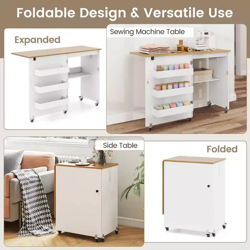 Table pliante pour machine à coudre, roulettes verrouillables, support avec 3 bacs de rangement et prises de courant, blanc/naturel/marron/blanc+naturel