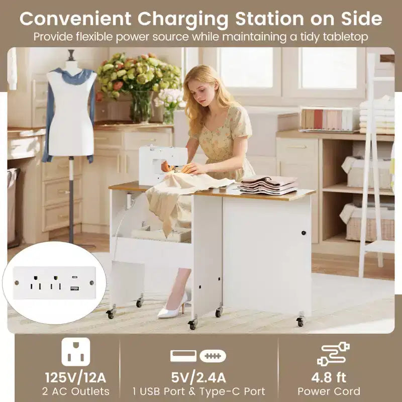 Table pliante pour machine à coudre, roulettes verrouillables, support avec 3 bacs de rangement et prises de courant, blanc/naturel/marron/blanc+naturel