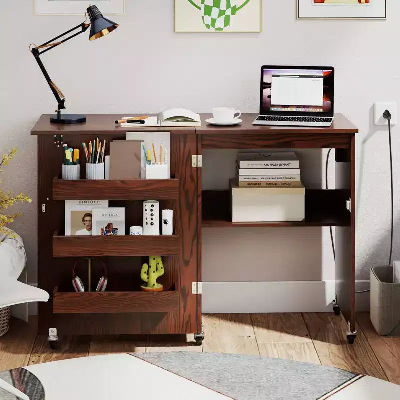Table pliante pour machine à coudre, roulettes verrouillables, support avec 3 bacs de rangement et prises de courant, blanc/naturel/marron/blanc+naturel