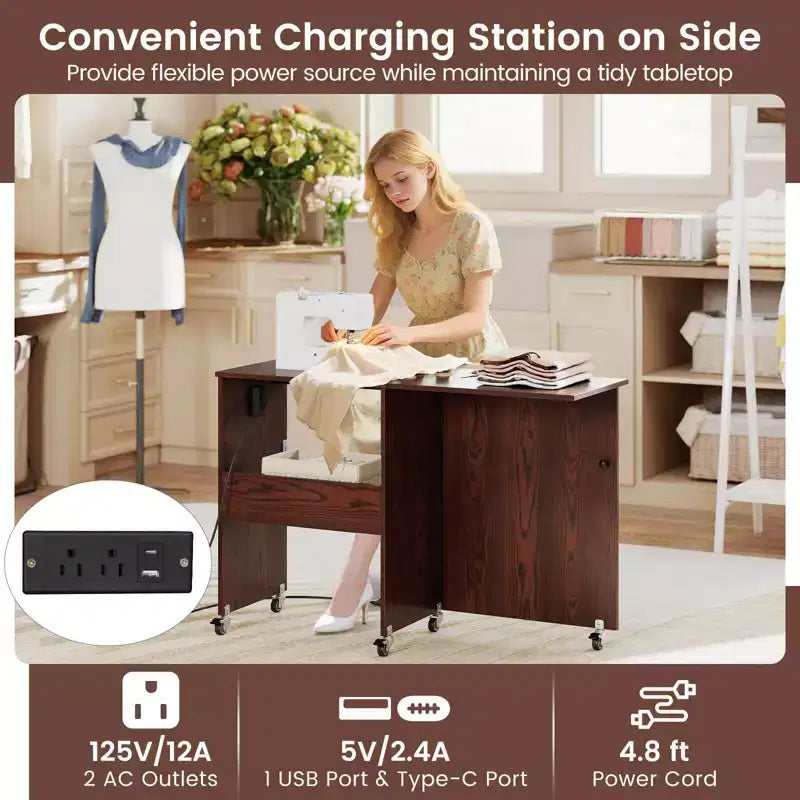 Table pliante pour machine à coudre, roulettes verrouillables, support avec 3 bacs de rangement et prises de courant, blanc/naturel/marron/blanc+naturel