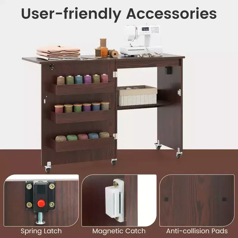 Table pliante pour machine à coudre, roulettes verrouillables, support avec 3 bacs de rangement et prises de courant, blanc/naturel/marron/blanc+naturel